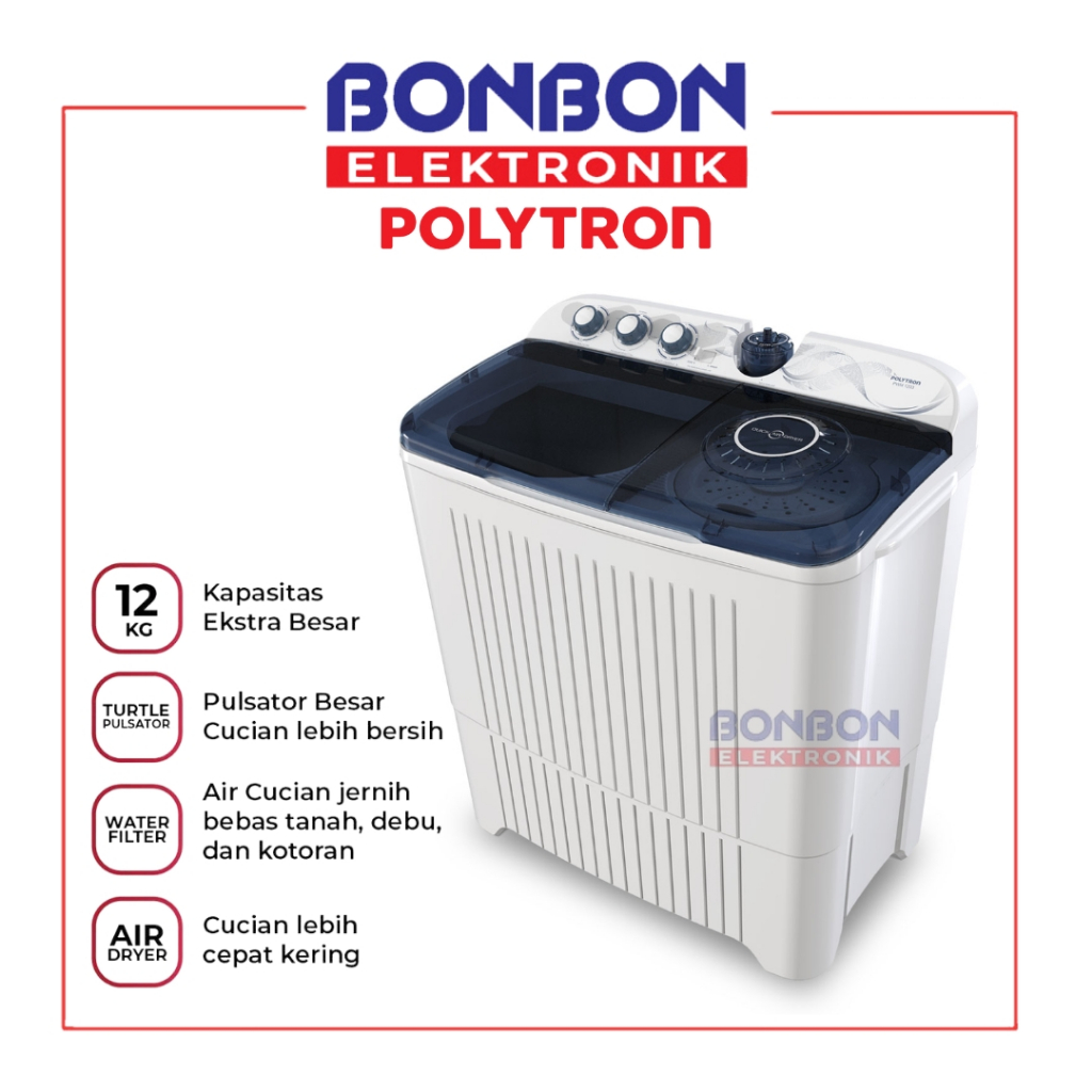POLYTRON Mesin cuci 2 tabung 12 Kg PWM1203B / PWM 1203 B / PWM-1203 Primadona Giant 12 Kg
