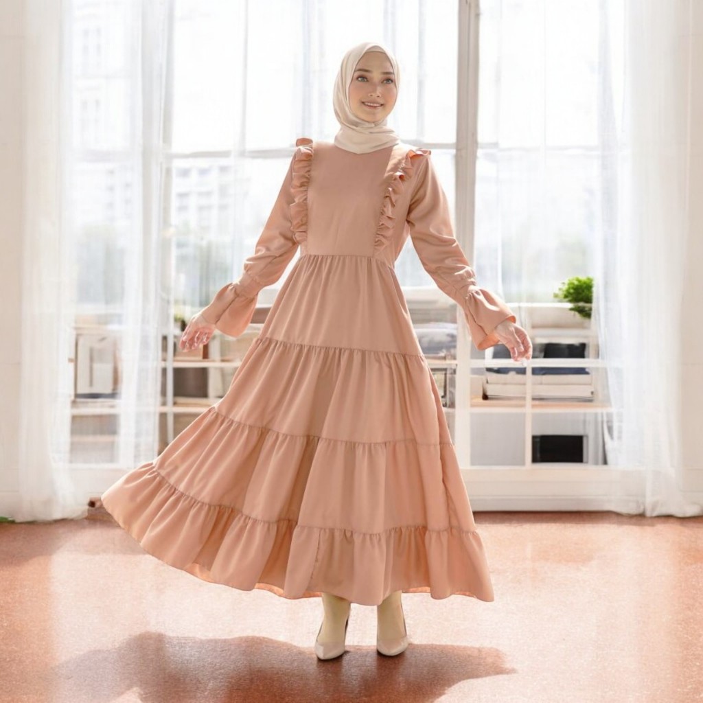 Yunisa Dress Ruffle 3 Susun Gamis Rempel Mayung Polos Korean Style Outfit Remaja Dewasa OOTD Casual