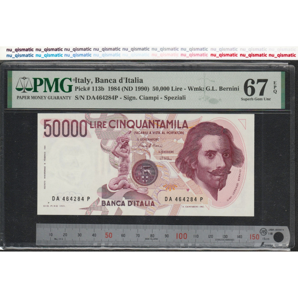 Uang Italy 50000 Italia 50000 Lire , 1984 (ND 1990) , PMG 67 EPQ Superb Gem UNC P# 113b