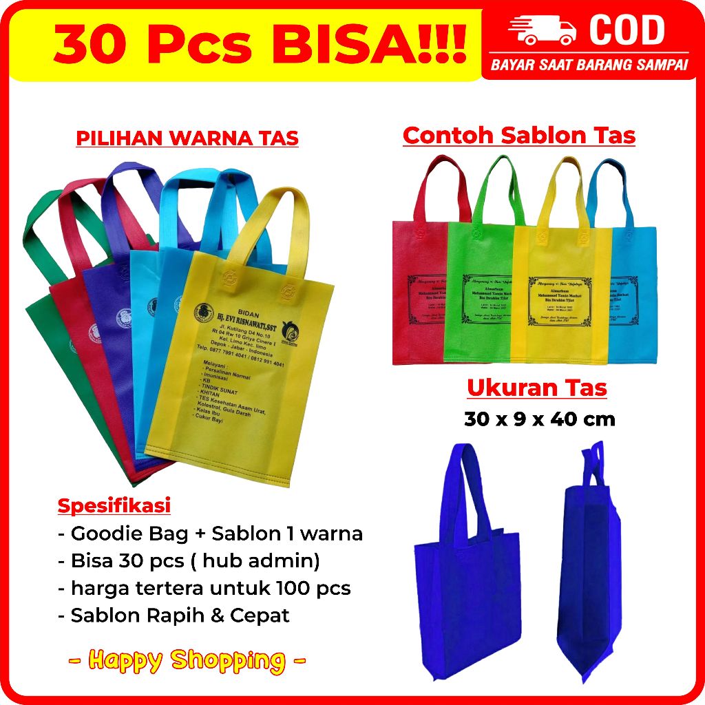 Goodie Bag Custom Sablon 30x40 Tas Spunbond Custom Sablon Ekonomis