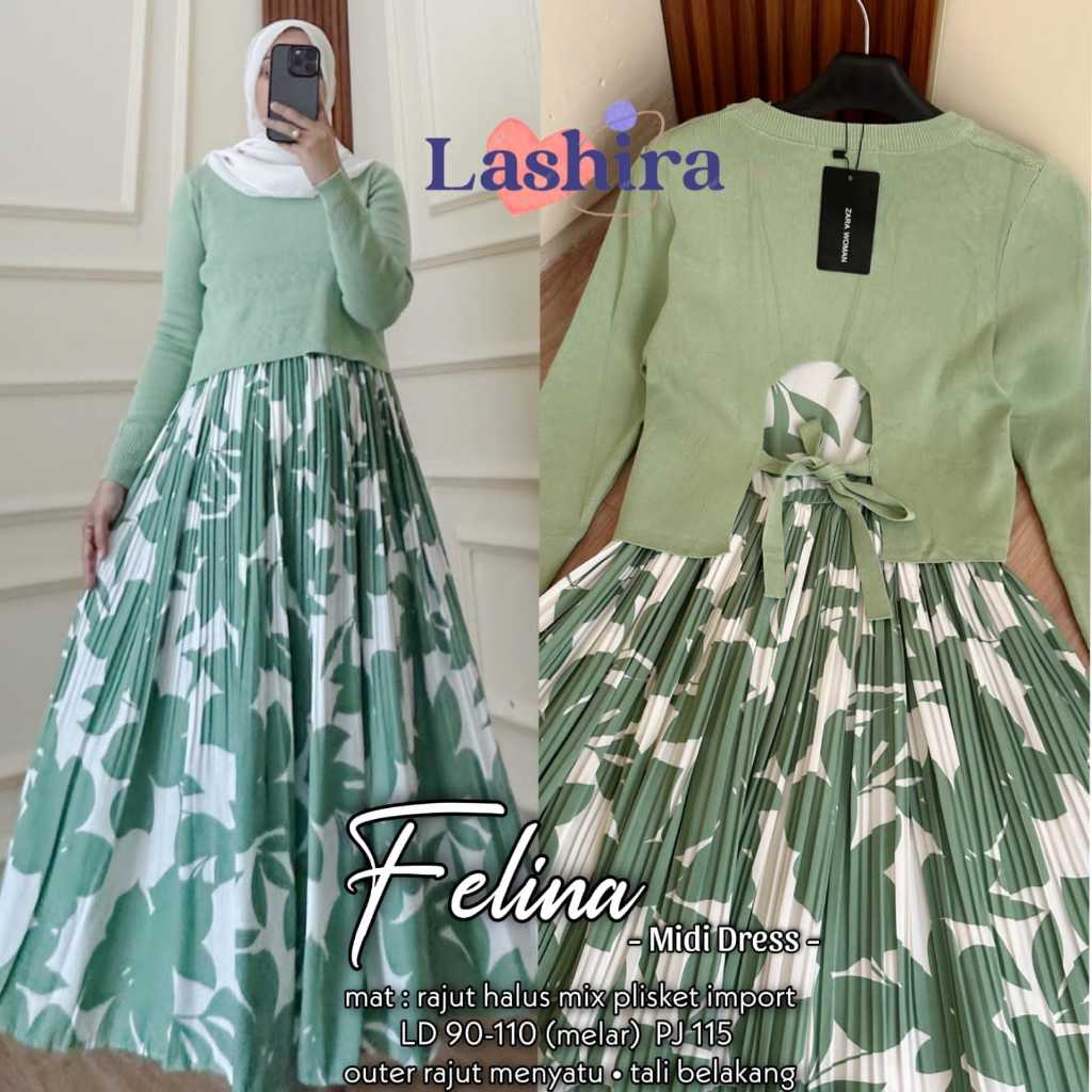 Felina dres maxy wanita ld 110 rajut import mix plisket motif polos bunga jumbo premium terbaru 2024