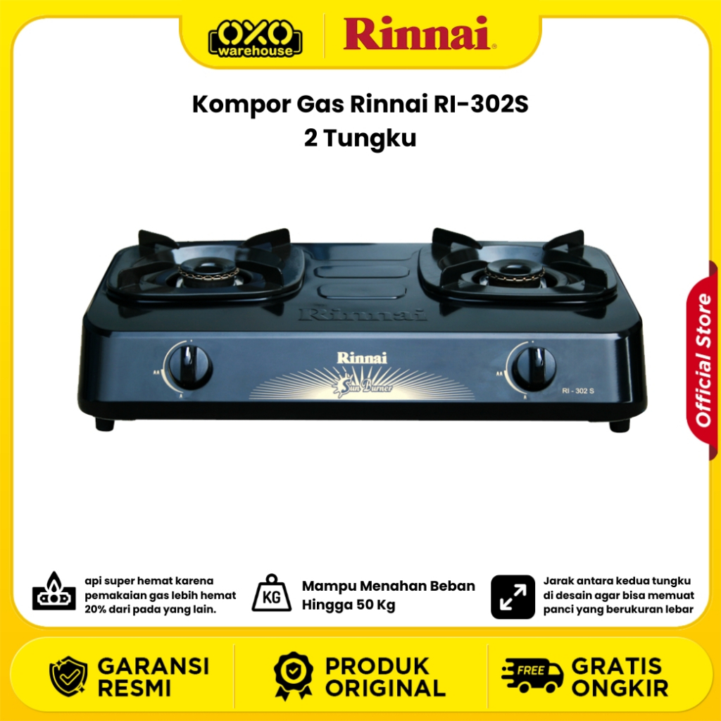 RINNAI Kompor Gas 2 Tungku Teflon RI 302S Garansi Resmi