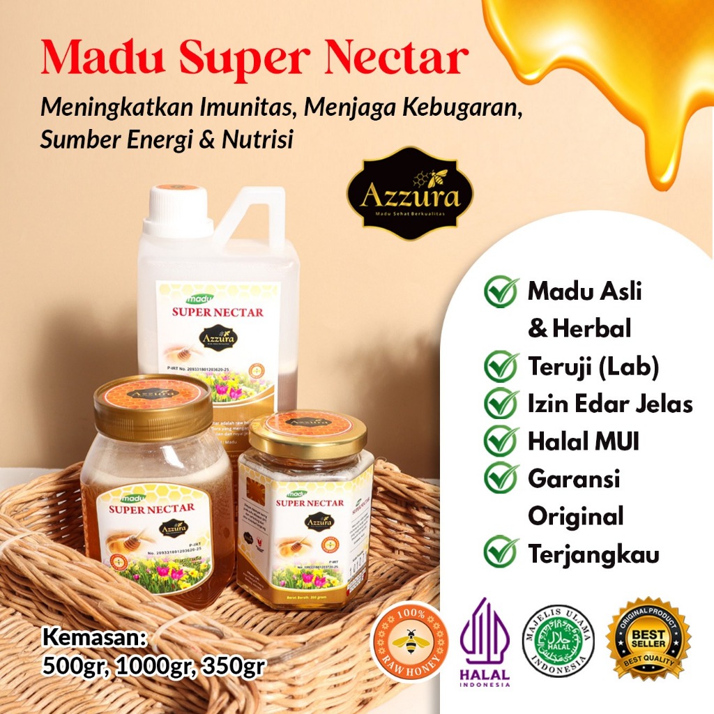 

Madu Azzura - Madu Super Nectar Madu Asli Murni 100% Tanpa Campuran Nectar Propolis Bee Pollen Royal Jelly Raw Honey
