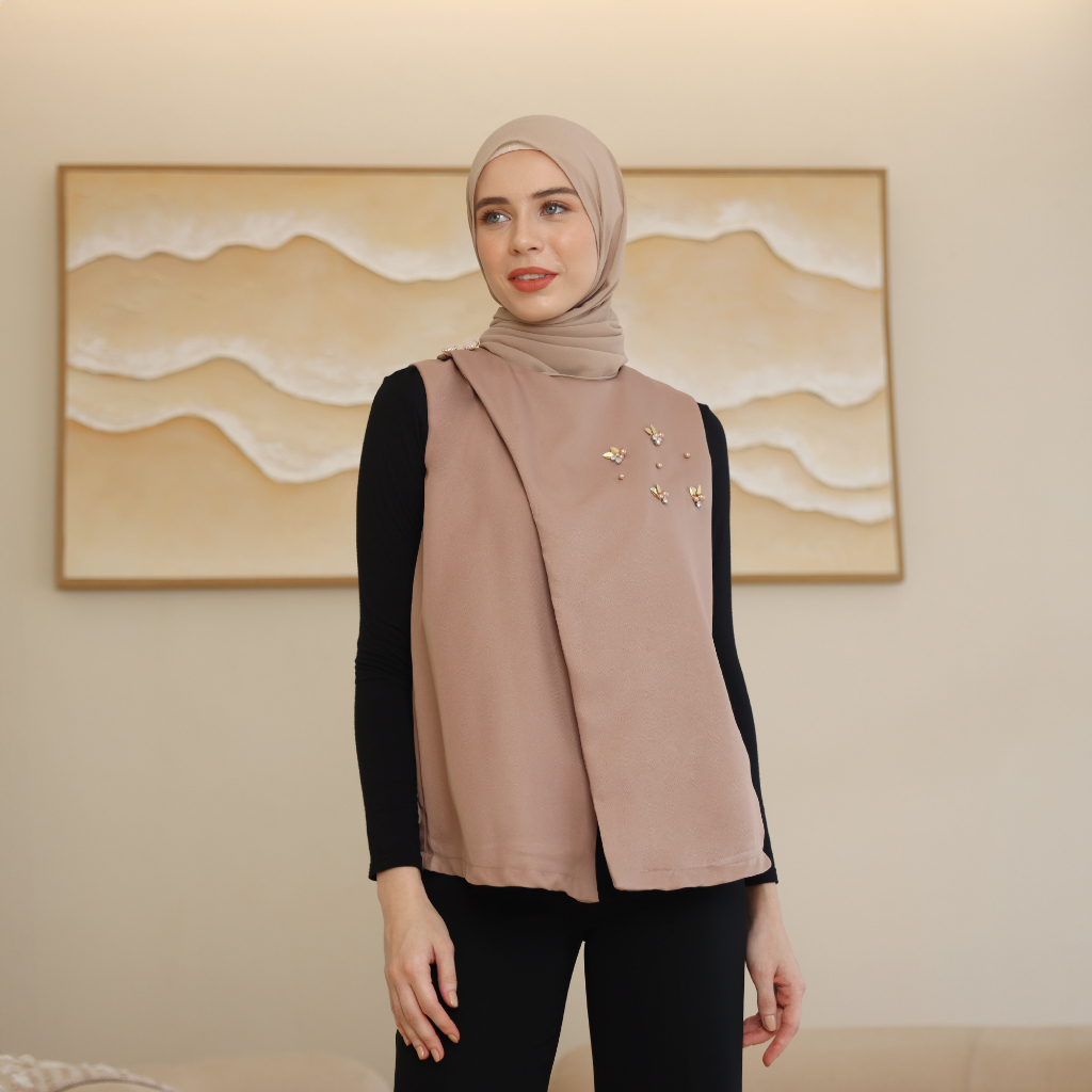 Vest Rompi Payet Beads Atasan Wanita Coklat Muda