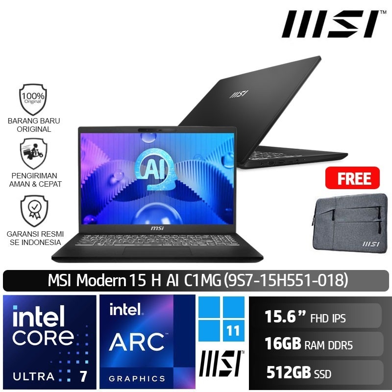 MSI Modern 15 H AI C1MG 018 Core Ultra 7 155H 16GB 512GB Win11 OHS FHD IPS 15.6"