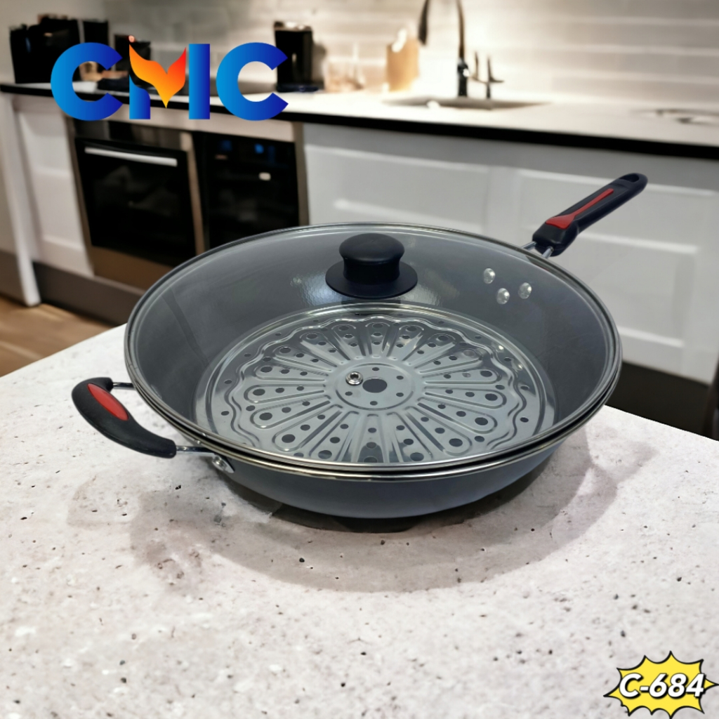CMC[COD]Panci Wajan Goreng Anti Lengket Enamel Tutup Kaca + Tirisan Minyak + Kukusan/C-684