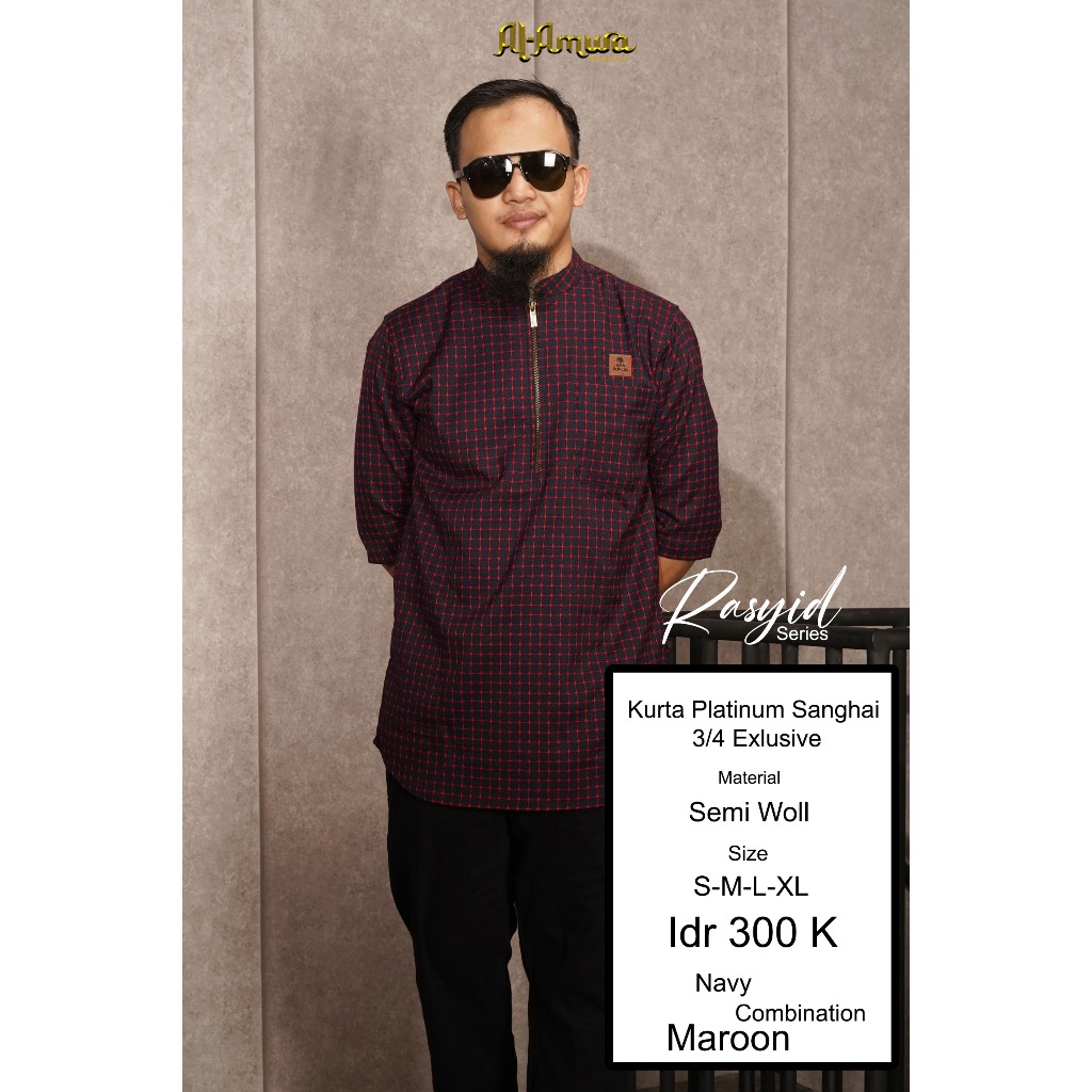 al amwa rosyid kurta pria premium lengan 3/4 motif kotak kotak