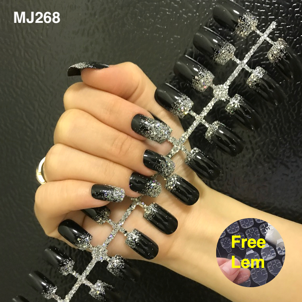 24Pcs Kuku Palsu Hitam Motif Glossy Matte + Lem / Fake Nails Gliter Motif / Nail Art Kuku Palsu