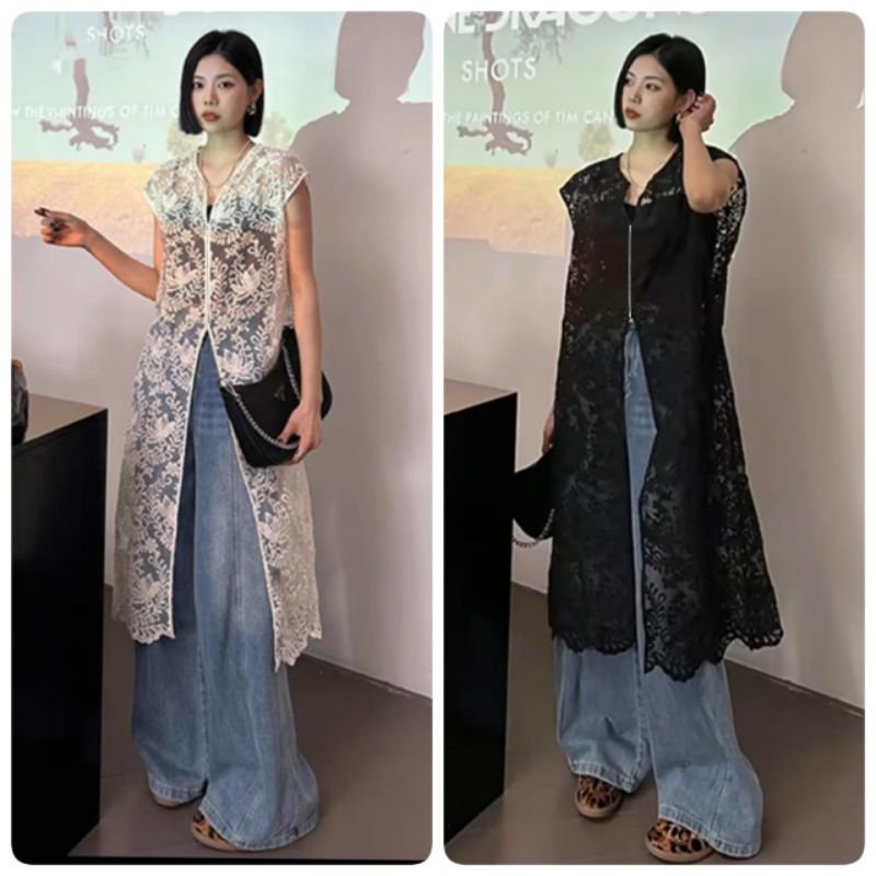 27790 Baju atasan outer cardigan ADABEL LONG EMBROIDERY VEST ROMPI Brokat hitam cream polos Korea Ko