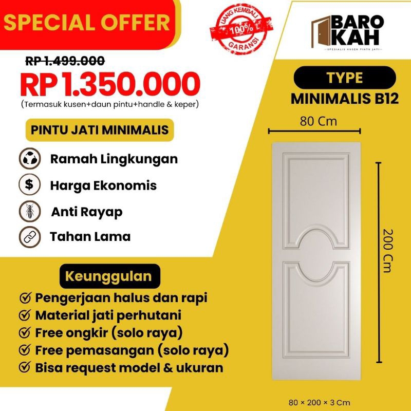 Satu Set Pintu Jati Modern(pintu+kusen) Tipe Minimalis B012 || 80×200×3Cm /Pintu Utama/Pintu