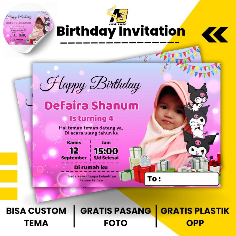 Isi 50 pcs undangan ulang tahun anak / ucapan ulang tahun anak perempuan free plastik
