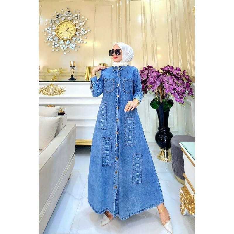 Dress Khanza Gamis Muslim Wanita Bahan Jeans Premium Baju Dress Wanita Model Kekinian Casual Dress