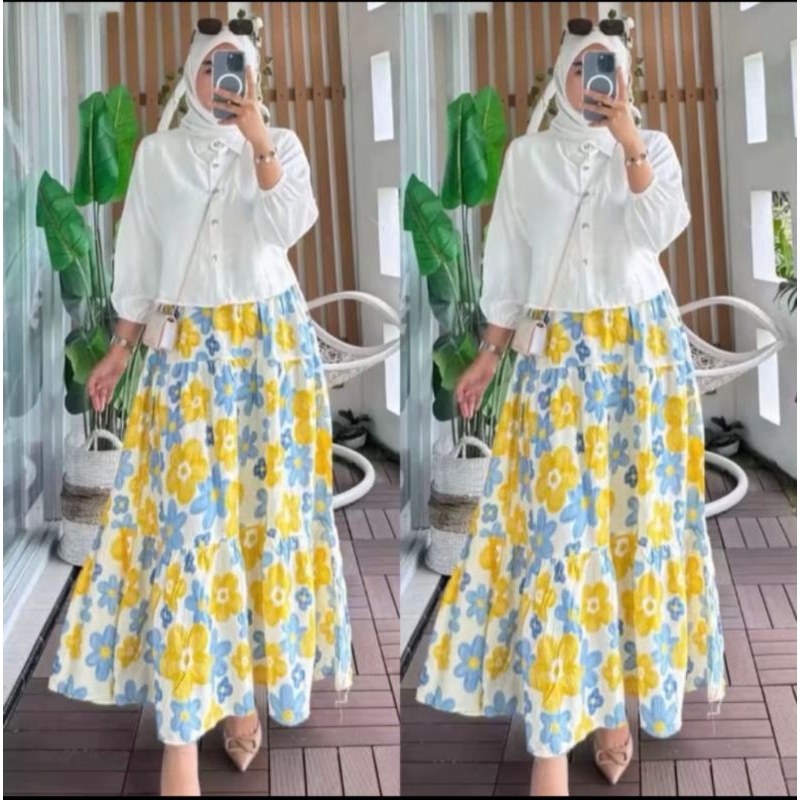 FELICIA ONE SET ROK MOTIF BUNGA BAHAN CRINGKLE AIRFLOW//ONESET ROK WANITA KRINGKEL AIRFLOW
