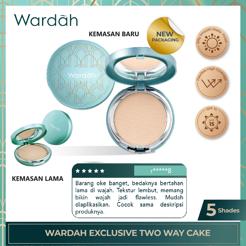 Bedak Wardah Exclusive Two Way Cake, Tahan Lama, Coverage Tinggi, SPF15, Kemasan Hijau