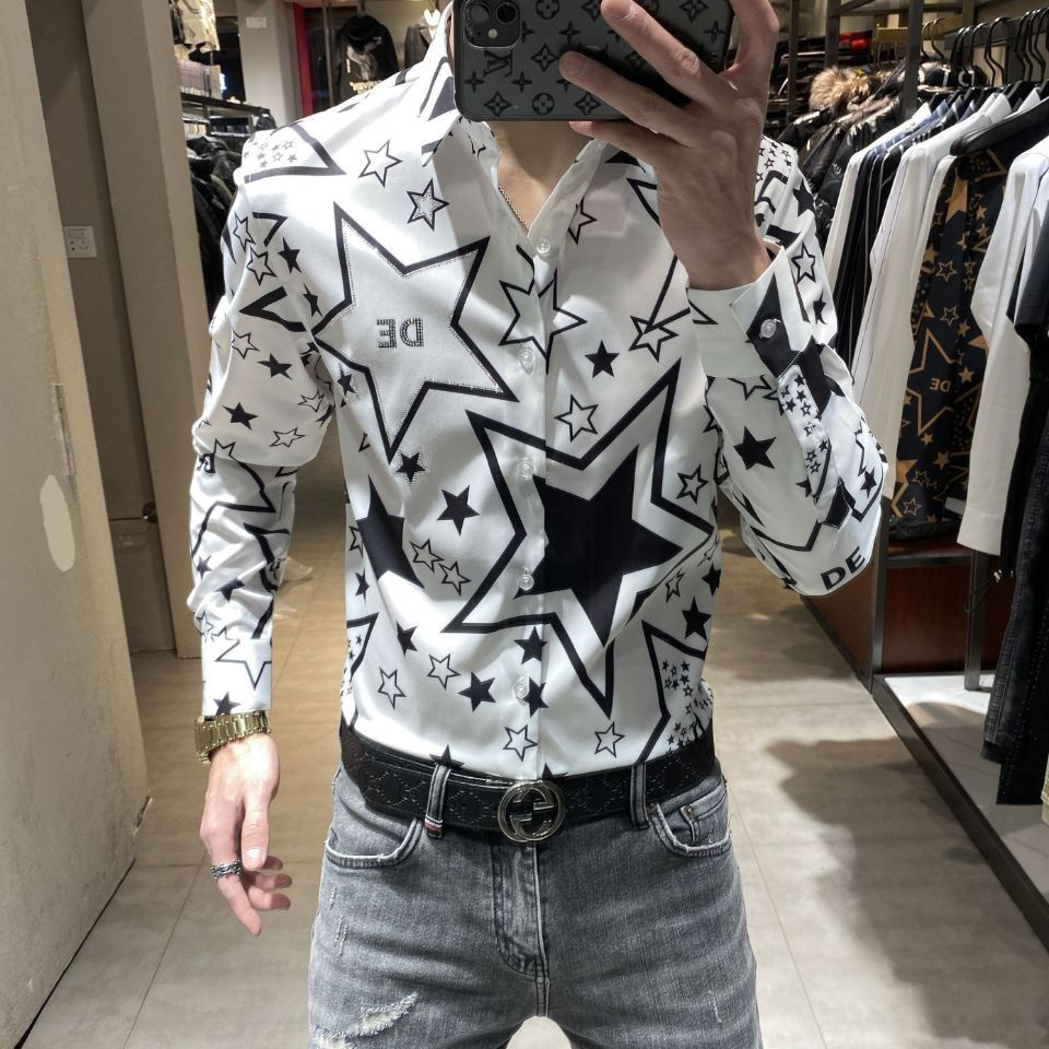Kemeja Lengan Panjang Pria, Baju Lengan Panjang Motif Bintang Modis Gaya Korea