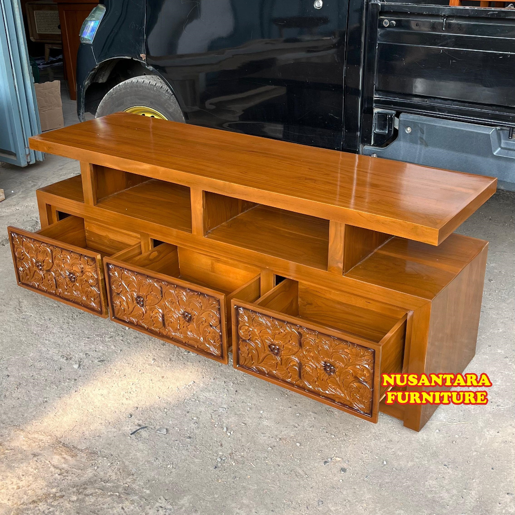 Meja TV Minimalis Jati Laci 3 diukir, Rak TV Jati Produksi Jepara