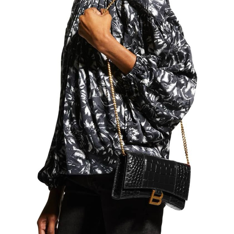 BALENCIAGA Hourglass Wallet on Chain WOC Crossbody Bag in Croco Embossed Calfskin Leather