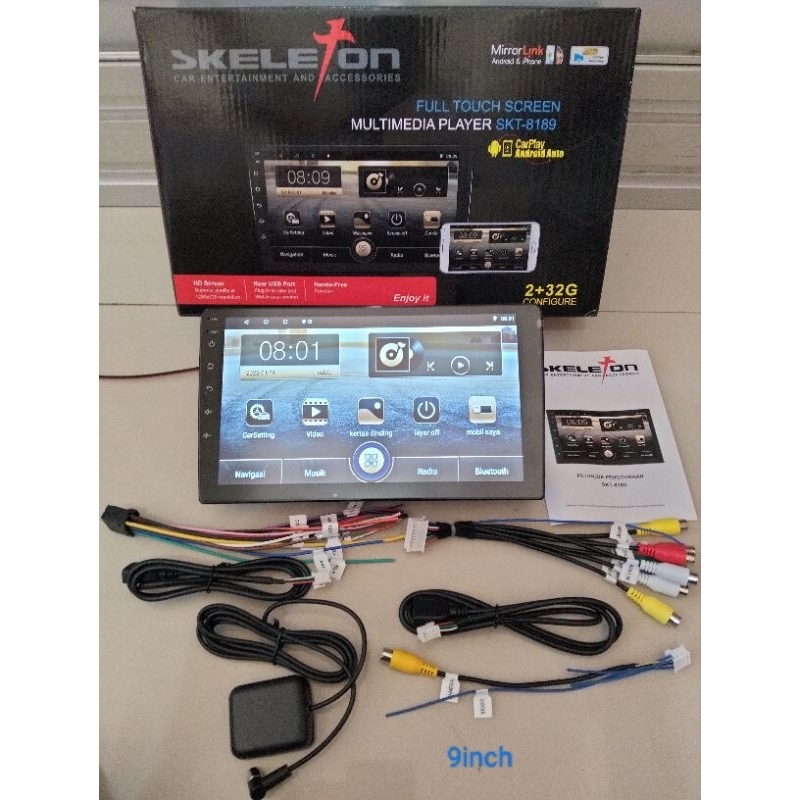 Head unit android skeleton 9inch Ram 2GB Rom 23GB , layar mobil 9inch, tv android mobil, layar 9inch