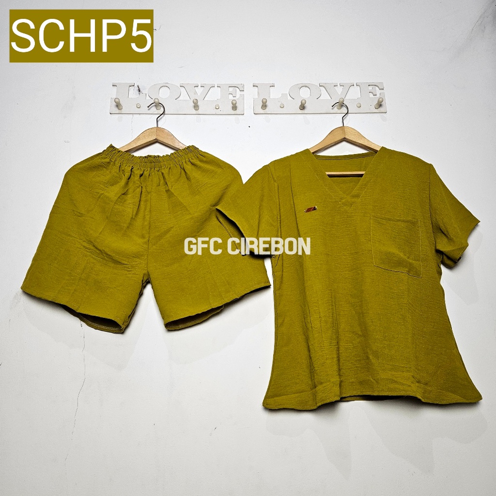 One Set Crinkle Airflow Polos / Setelan Crinkle V-Neck / Set Baju Wanita Casual