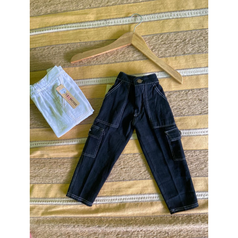 Celana cargo panjang anak - Cargo anak hitam putih abu light blue