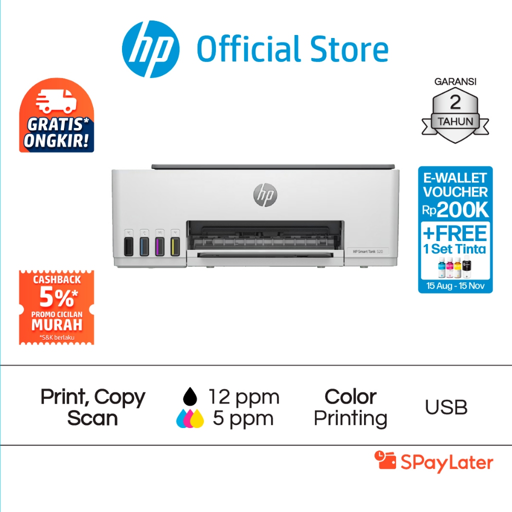 Cicilan Murah SPL - Printer HP Smart Ink Tank 520 All in One ( Print Scan Copy ) / 525 / USB Fotocop