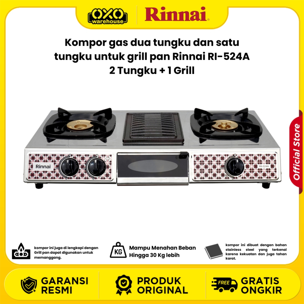 Rinnai Kompor Gas RI-524A 3 Tungku Grill pan Anti Lengket Garansi Resmi