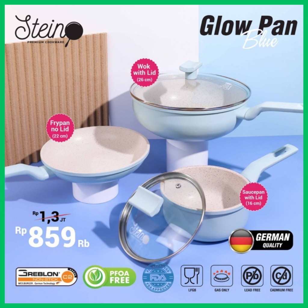 Steincookware set glow pan blue wajan teflon anti lengket