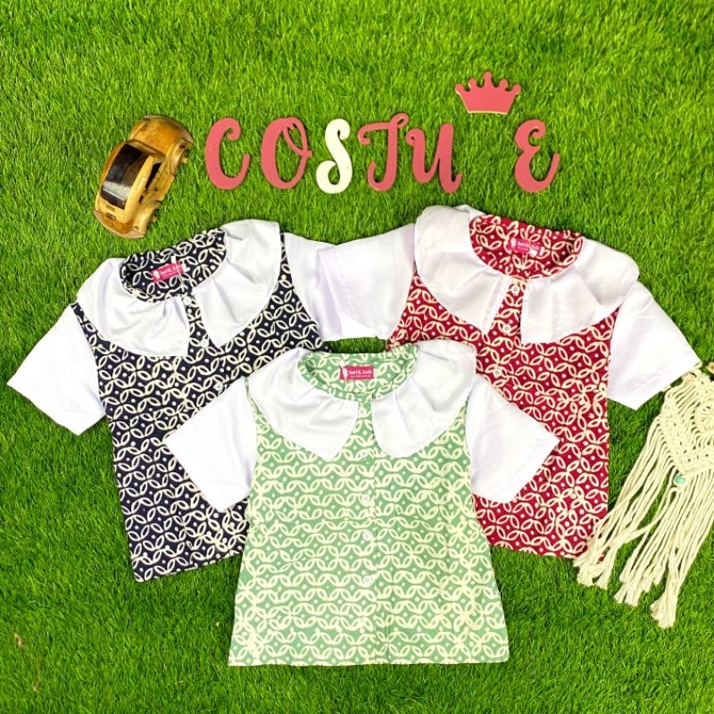Batik Costume Blus Batik Anak Cewek Fiana Navy Hijau Kerah Putih Cocok Anak Sekolah