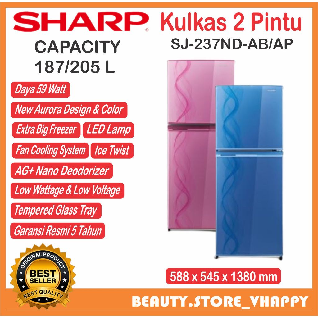 Kulkas Sharp 2 Pintu tanpa bunga es Refrigerator SJ-237 nd garansi resmi khusus bandung cimahi