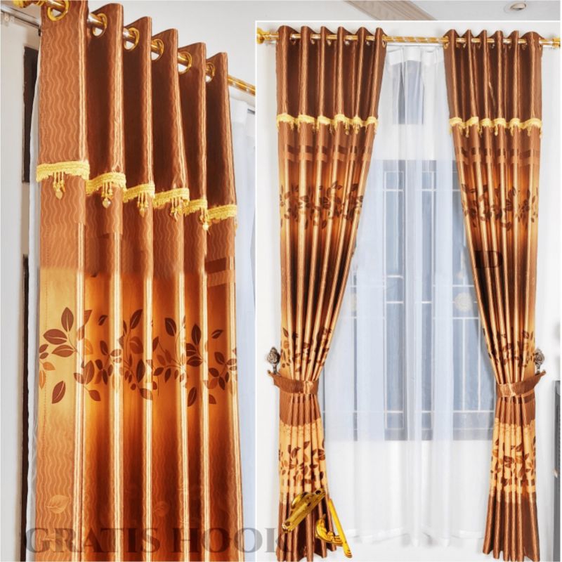 Gorden Pintu&Jendela Model Poni Tempel Panjang 230cm Motif Daun parero