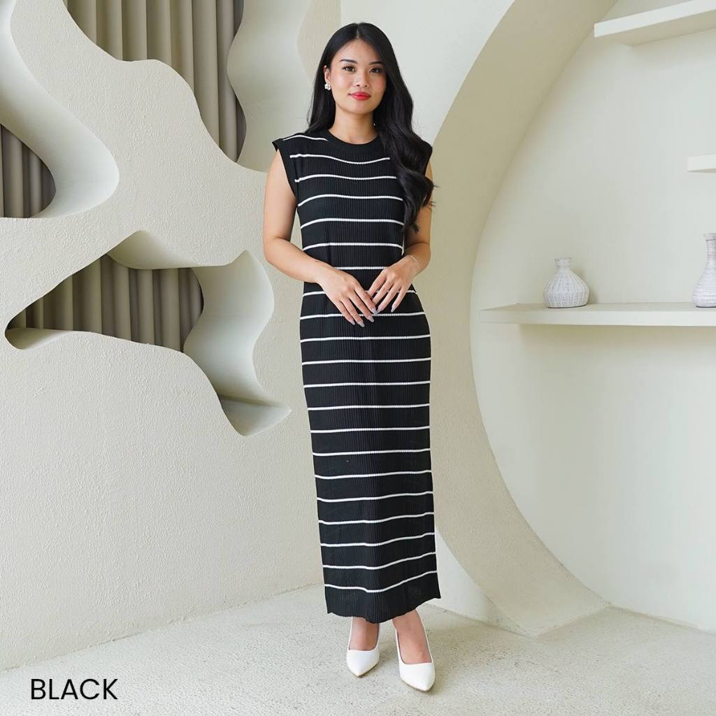 LISA LONG DRESS | Long Dress Stripe Wanita Korean Lengan Pendek Basic Bahan Rajut Premium Busui Frie