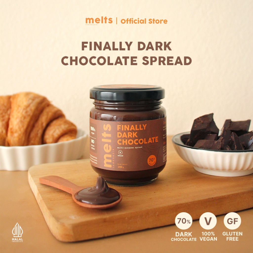 

Melts Finally Dark Chocolate Spread | Selai Cokelat Plant Based Vegan untuk Roti