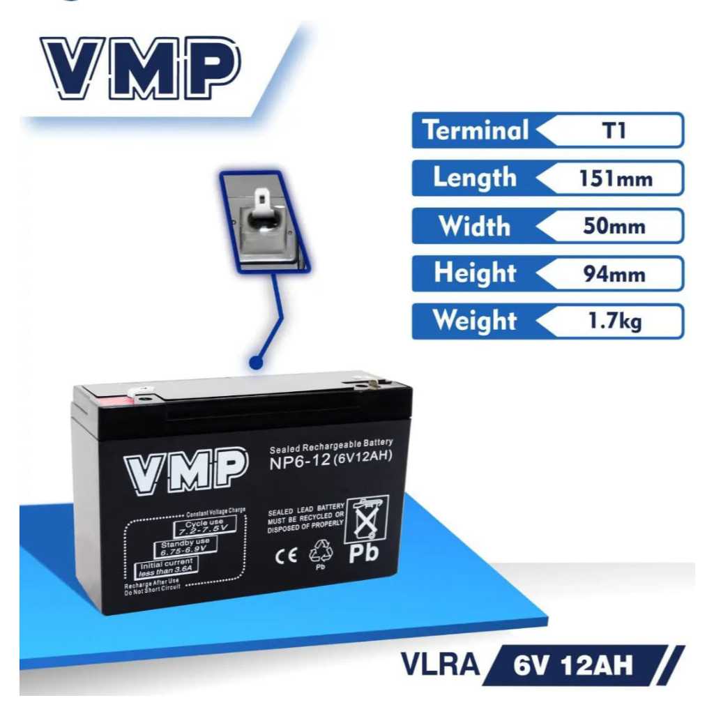 Baterai Aki Kering VMP 6V 12Ah Battery Mobil Motor Mainan Anak 6 Volt Batre Ups lampu emergency