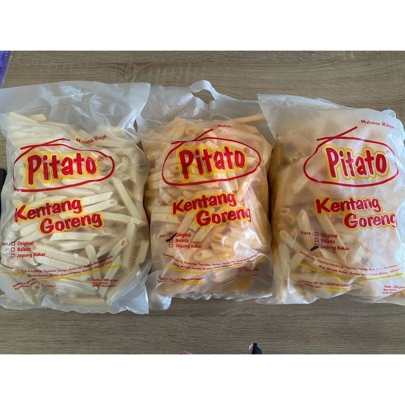 

Pitato stik kentang 250 gram / Stik kentang ori / Stik kentang balado / Stik kentang jagung bakar ready stok