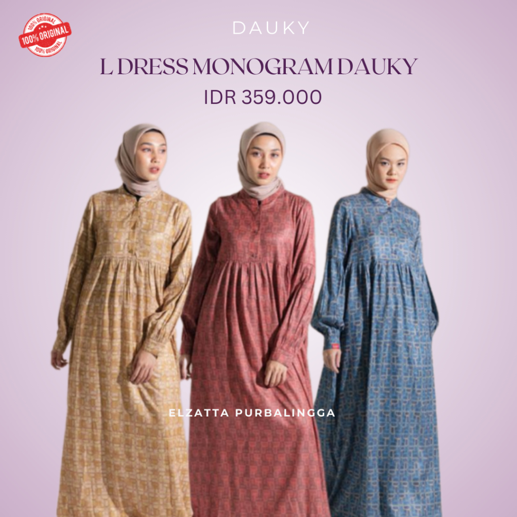 Dauky L Dress Monogram Bahan Rayon Gamis Wanita Motif Monogram Adem Nyaman Dipakai