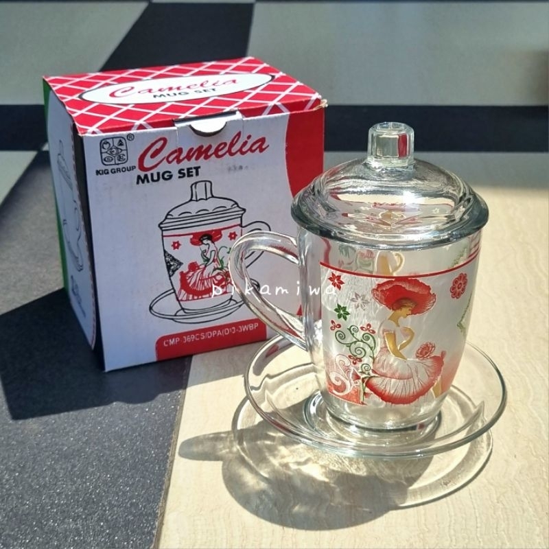 1 SET CANGKIR TATAK + TUTUP CAMELIA cangkir kaca cangkir cantik cangkir set gelas murah gelas cantik
