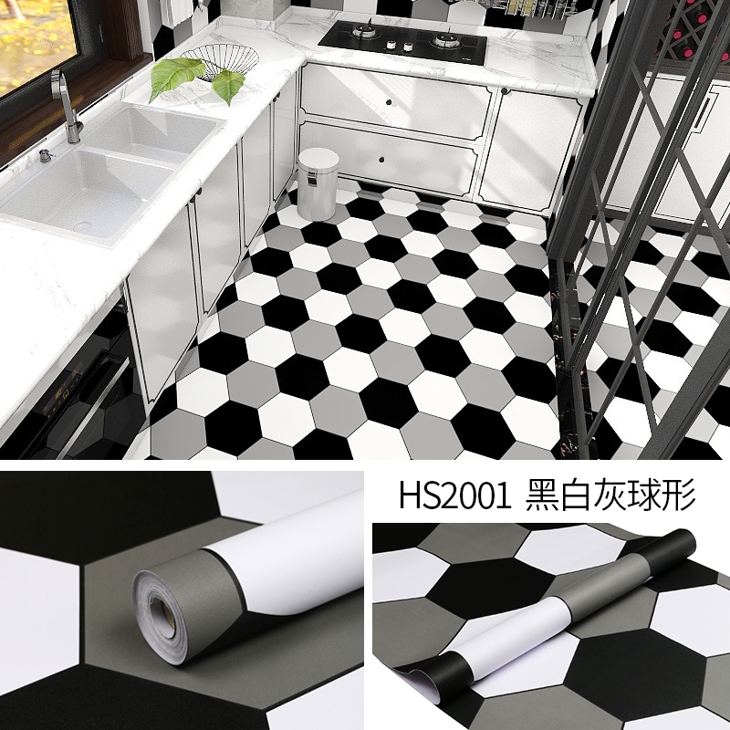 STIKER LANTAI / WALLPAPER LANTAI / BAHAN TEBAL TAHAN AIR WALLPAPER MOTIF SEGIENAM Hitam & Putih Abu