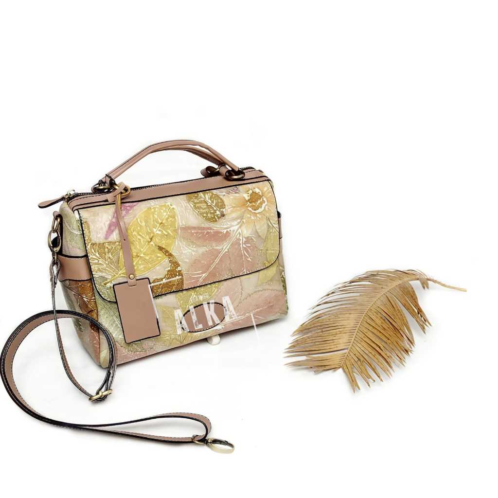 Tas Wanita Perempuan Cewek Selempang Bahu Slingbag Kulit Sapi Asli Ecoprint