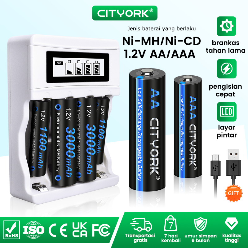 Cityork Charger Batre 4 slot Pengisi Baterai AA / AAA pengisian cepatPaket Charger Baterai Layar pin