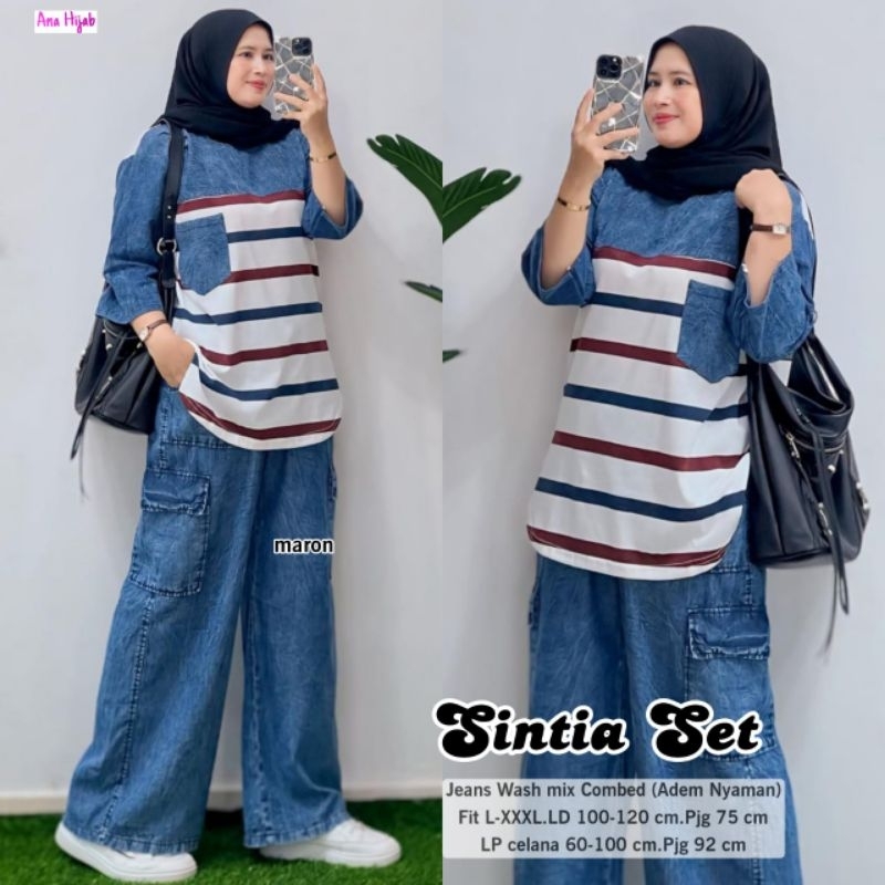 SINTIA SET/SETELAN JEANS WANITA MUSLIMAH/ONE SET TUNIK PANTS CASUAL/SETCEL DENIM JUMBO CASUAL/JEANSW