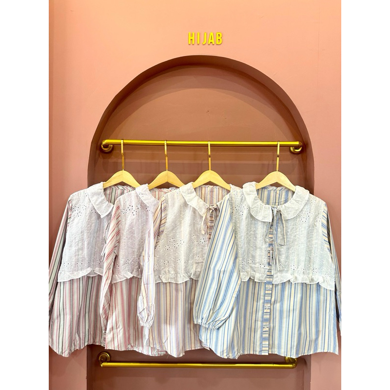 THALITA BLOUSE - BLOUSE WANITA HIJAB KOREA - ATASAN WANITA GARIS GARIS KERAH TALI PITA