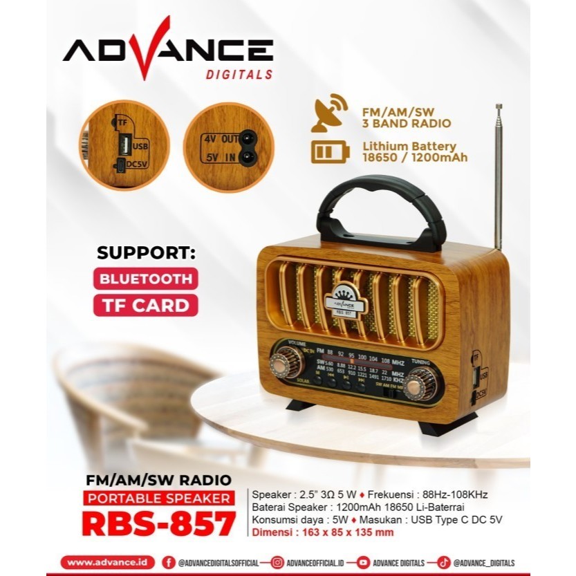 Advance RBS-857 Radio Retro Antik Portable Speaker Bluetooth 2,5 Inch Garansi 1 Tahun