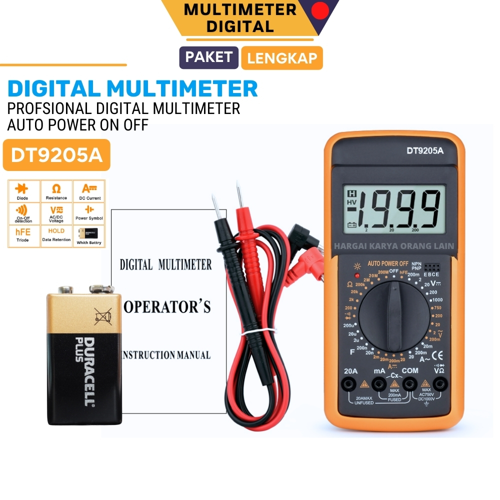 DT9205A Multimeter Digital Professional Voltage Tester AC DC 1000V 20A Ammeter Voltmeter Resistansi 