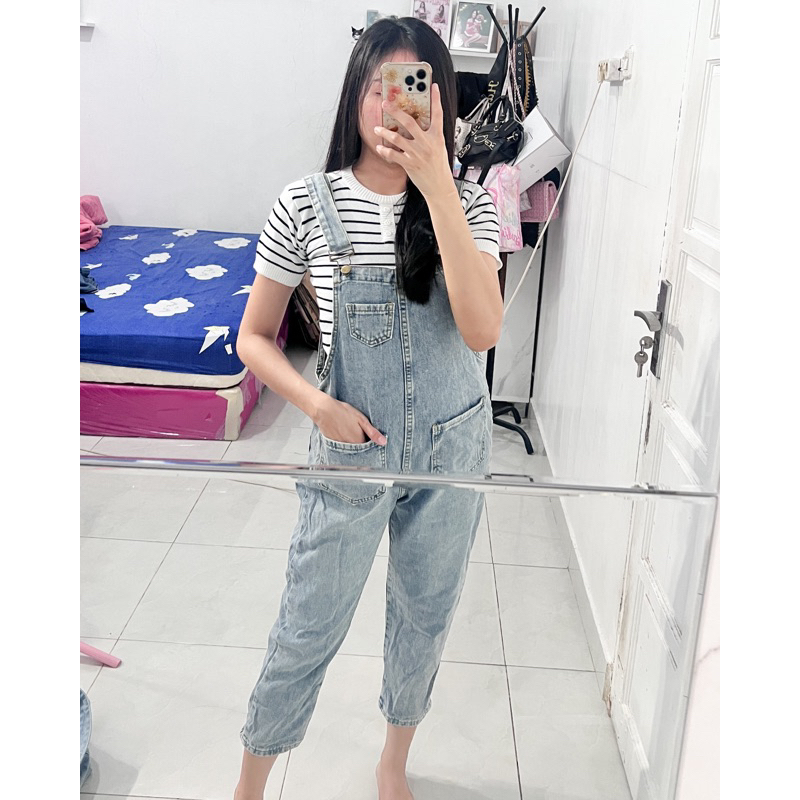 PRELOVED Jumpsuit Jeans cewek wanita san atasan blouse stripe putih