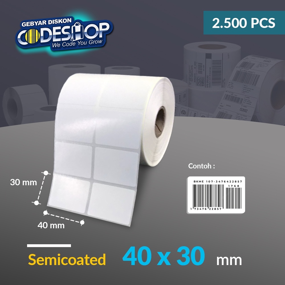 

Codeshop Label Semicoated 40x30 / 40 x 30 mm 2 Line Stiker Harga Printer Barcode Isi 2.500 Pcs