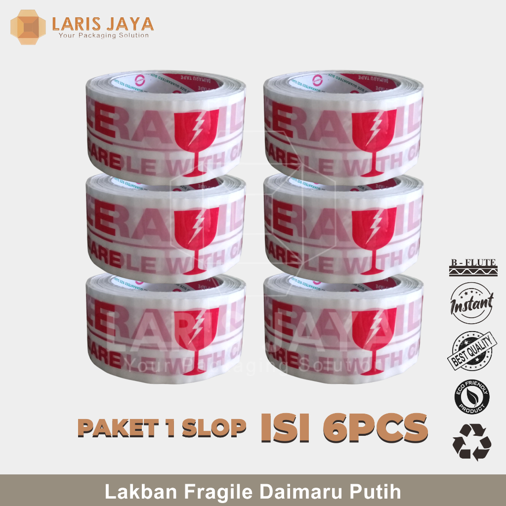 

Paket Lakban Fragile Putih 1 Slop Isi 6 Lakban Isolasi Selotip Merk Daimaru 2 Inch / 48 mm x 100m ( Lakban DM Fragile Putih 100 m (6 pcs)