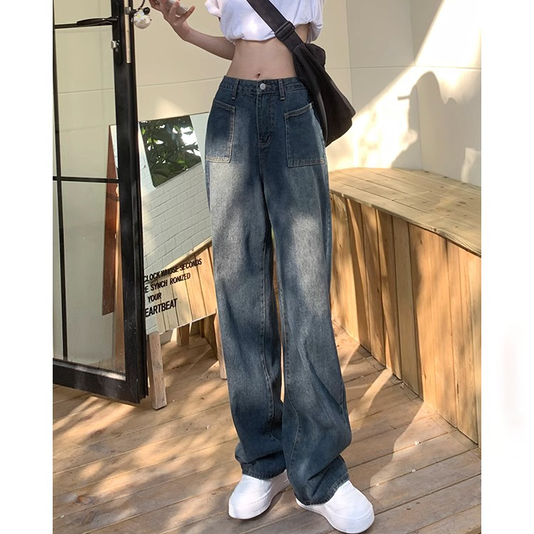 Celana High waist retro Biru  Highwaist kulot loose jeans Wanita Desain saku depan jeans