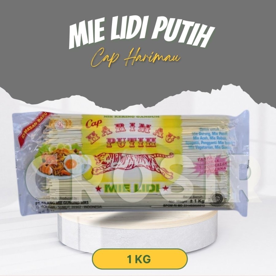 

Mie Kering / Mie Gandum / MIE LIDI PUTIH / Cap Harimau / 1 Kg / Halal