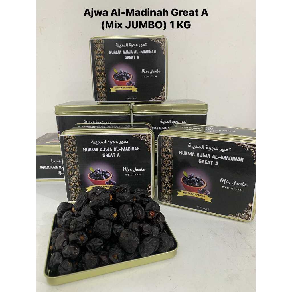 

kurma ajwa Al Madinah Mix Jumbo Great A 1kg kemasan Kaleng