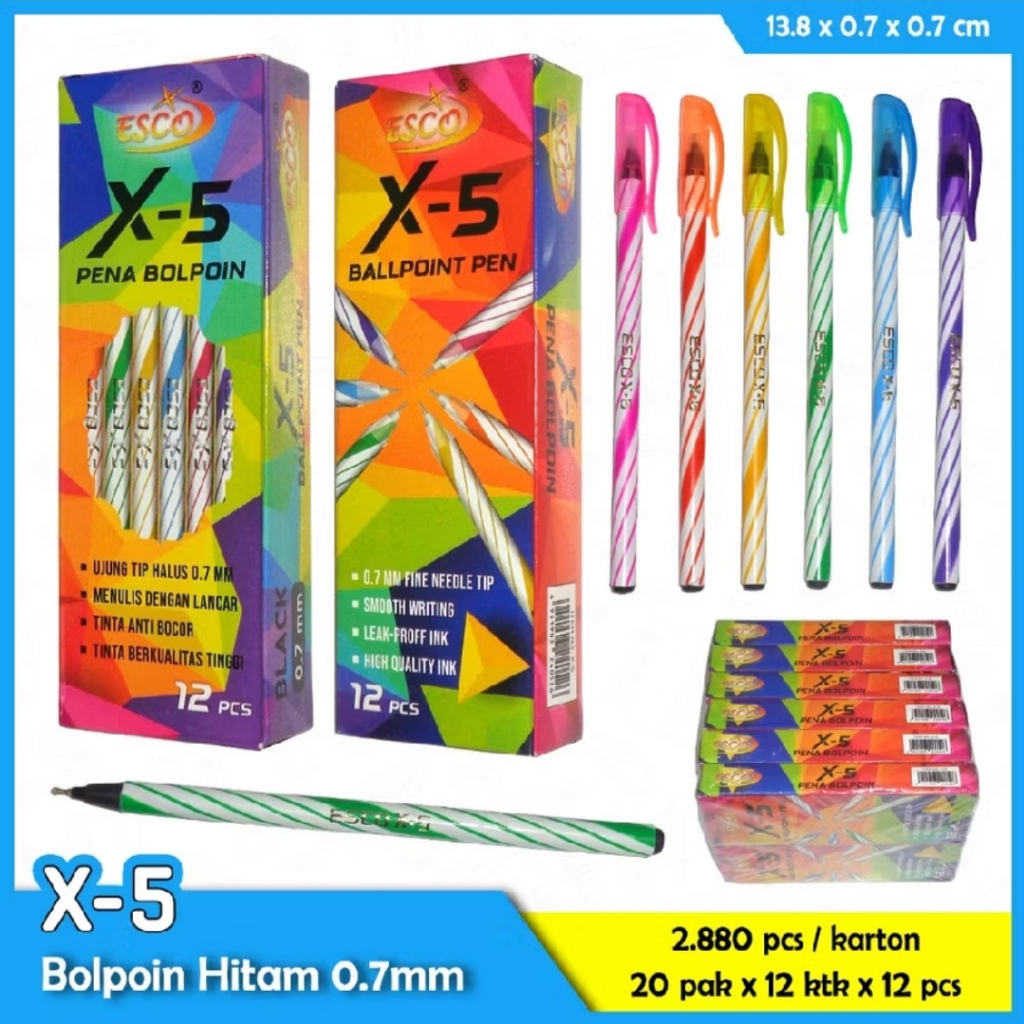 

Pulpen Ulir ESCO X 5 / Nevada isi 12 pcs (0.7mm - Hitam) Tinta India